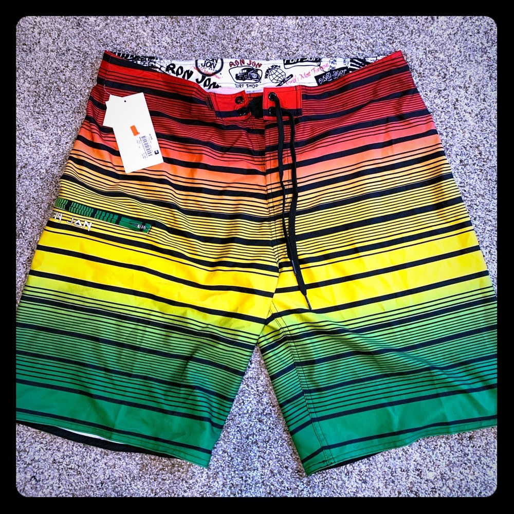 NWT Ron Jon’s board shorts stripe Jamaican colors